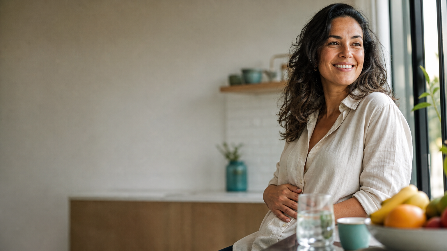 Mulher sorrindo em uma cozinha clara, com a mão sobre o abdômen
